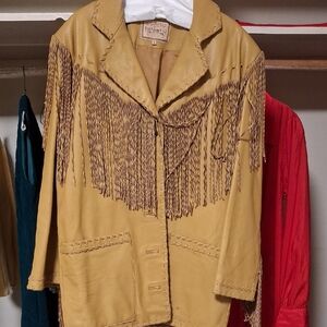 PIONEER Tan Leather Fringe Jacket Western Style